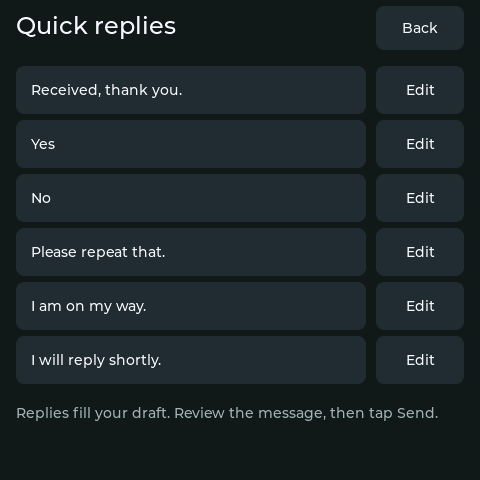 DeskOS six editable quick replies