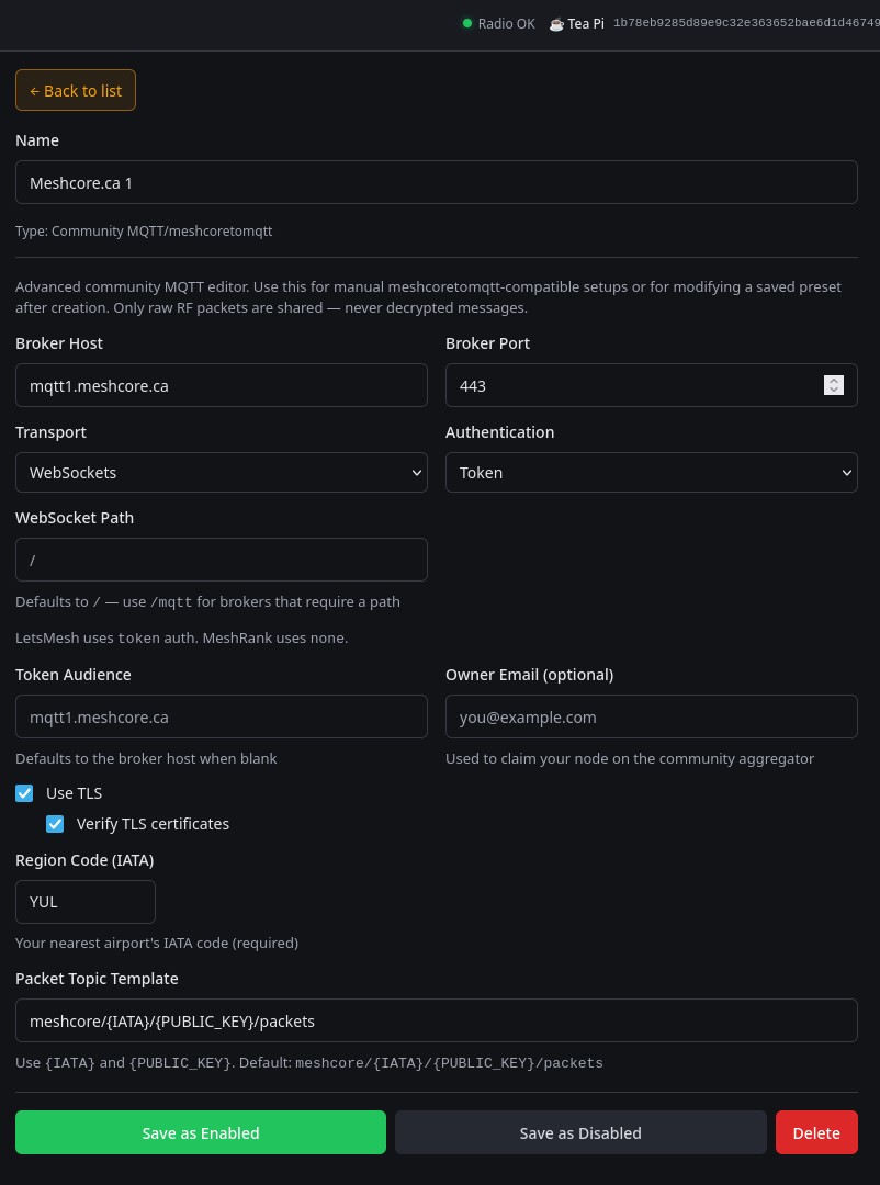 RemoteTerm Community MQTT settings for MeshCore Canada