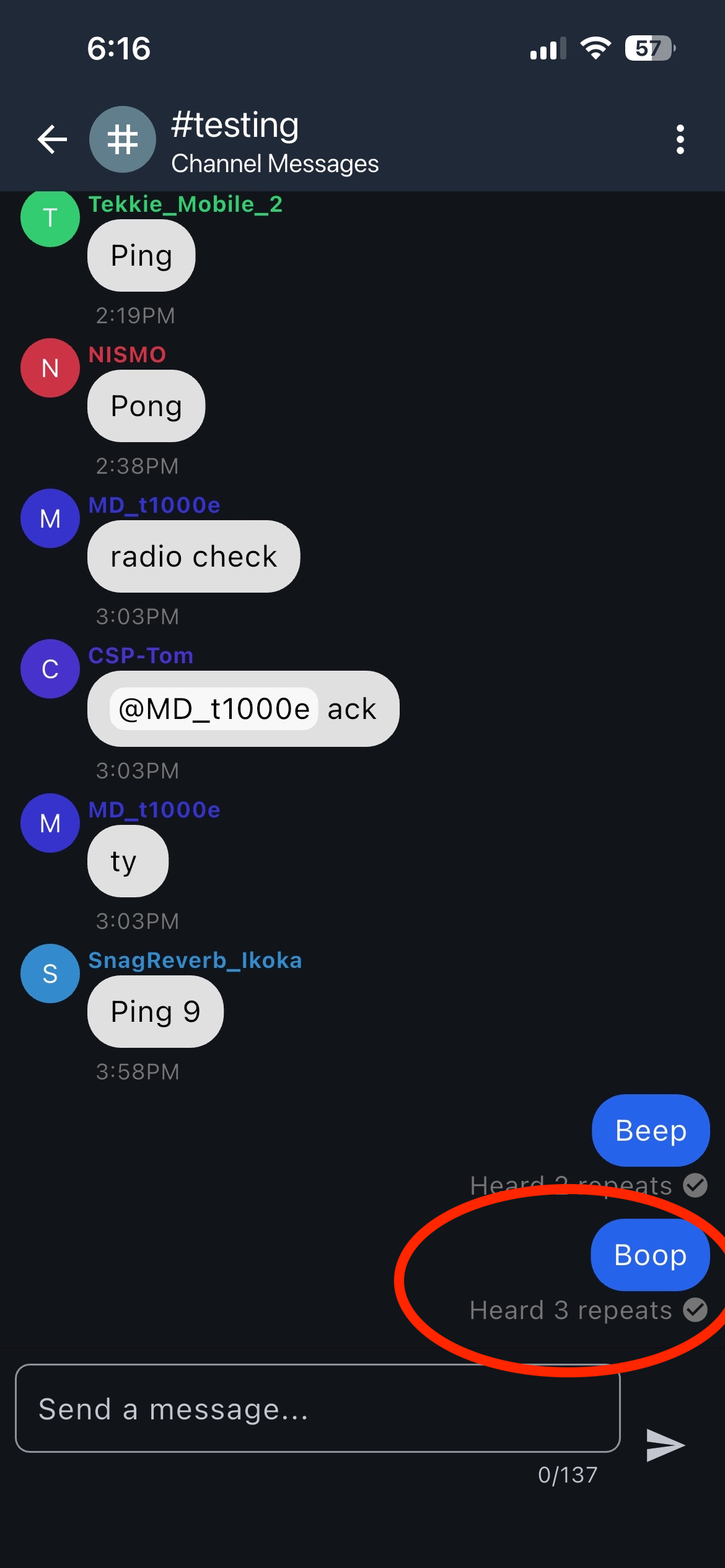 Message showing a heard-repeat count