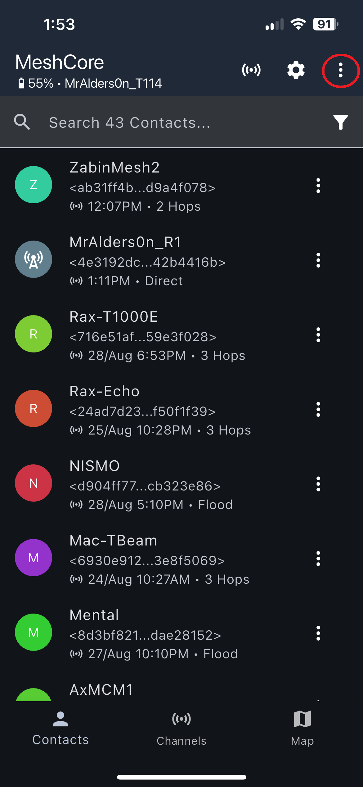 Three-dot menu in the MeshCore app