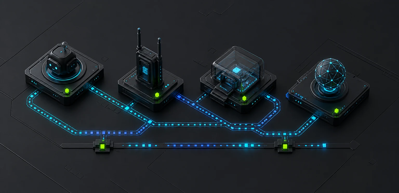 Four distinct firmware-role modules connected by NeonPocket mesh paths
