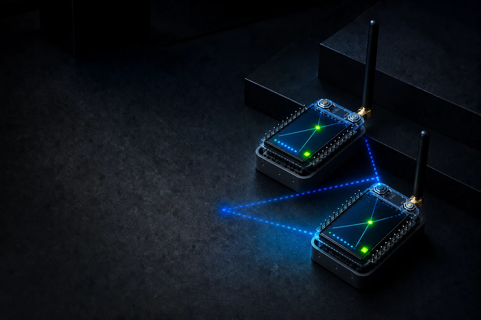 Two compact RadioCore mesh devices linked by cyan and cobalt packet paths