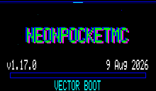 Direct RCC6 framebuffer capture of the NeonPocketMC demo-scene boot sequence